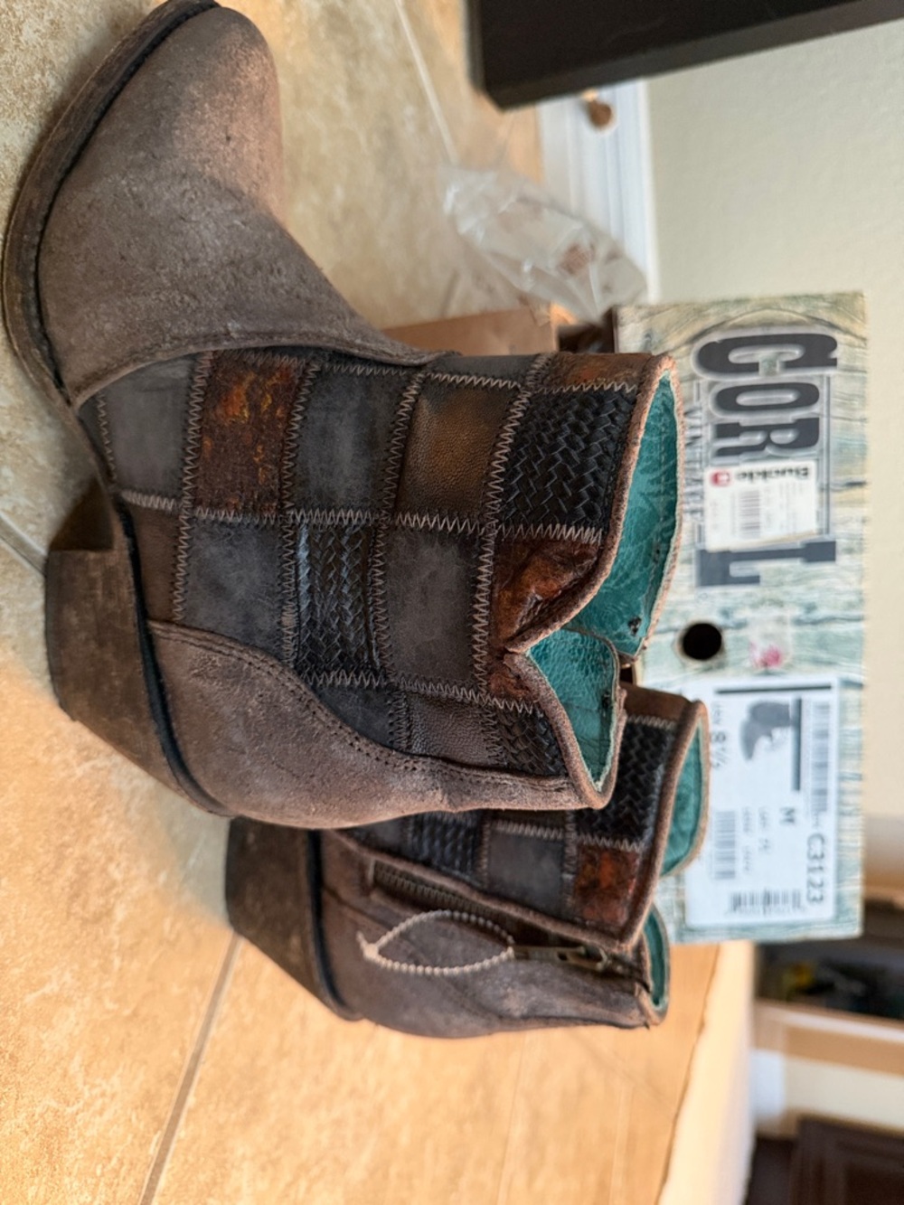 Women's Patchwork Suede Heeled Ankle Boots - Brown